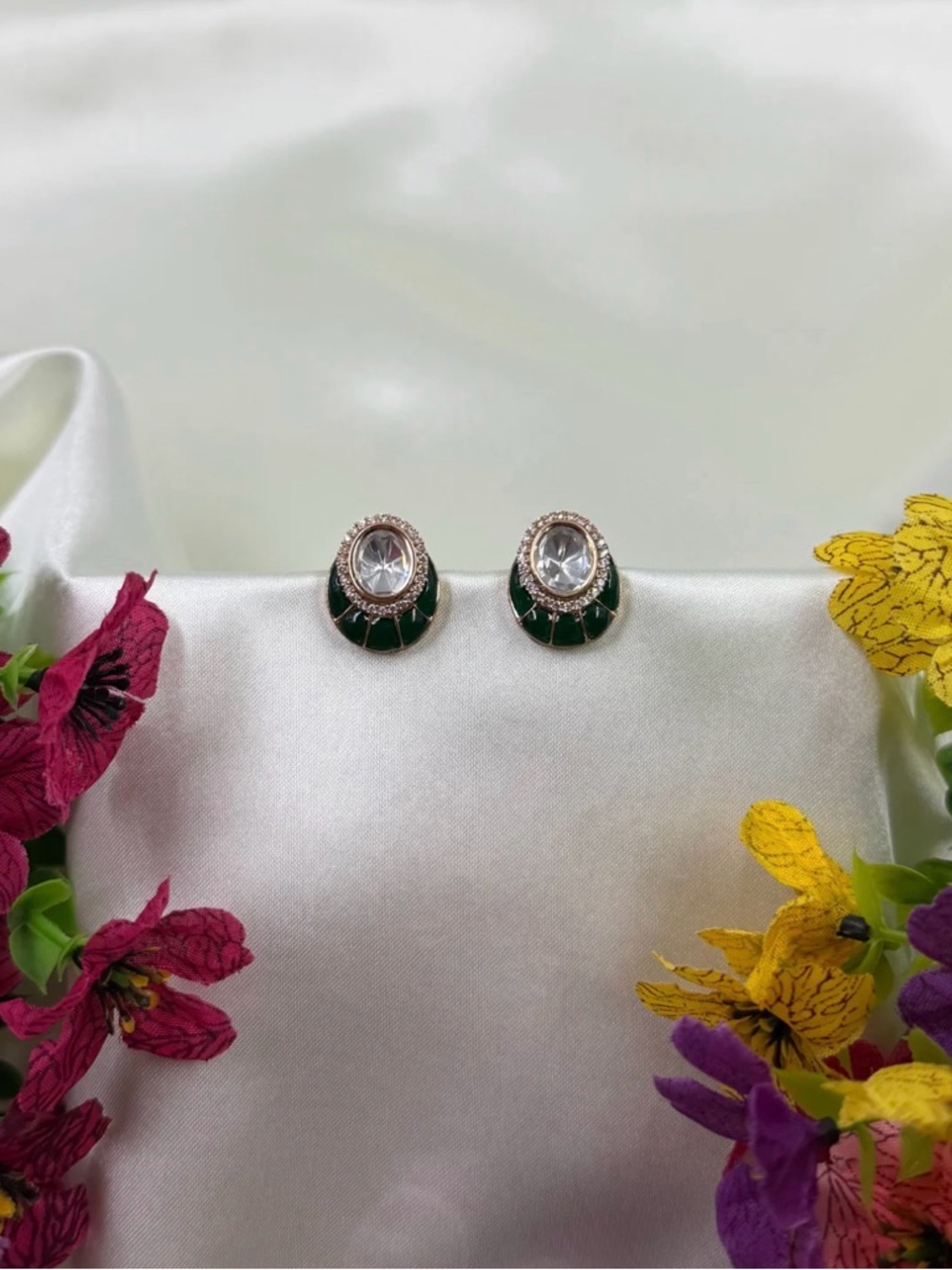 Classic Green Enamel and Crystal Stud Earrings - Women Jewelry